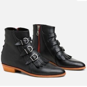 Modern Vice Black Leather Ankle Boots with Fringe and Buckles